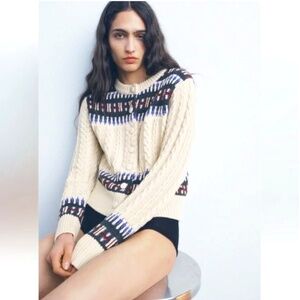 Zara contrast jacquard knit cardigan NWT